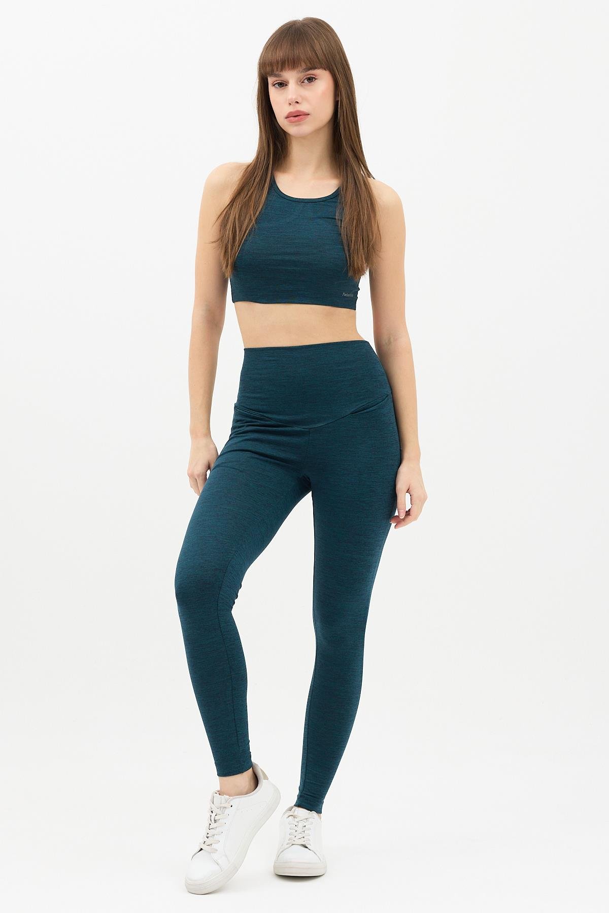 Gizli Cepli Yüksek Bel Yeşil Spor Tayt Takımı - Crop büstiyerli Yoga ve Fitness Seti