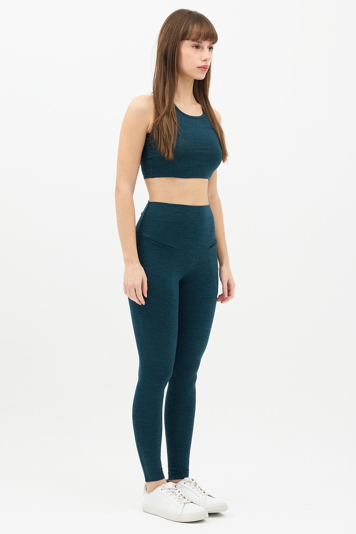Gizli Cepli Yüksek Bel Yeşil Spor Tayt Takımı - Crop büstiyerli Yoga ve Fitness Seti