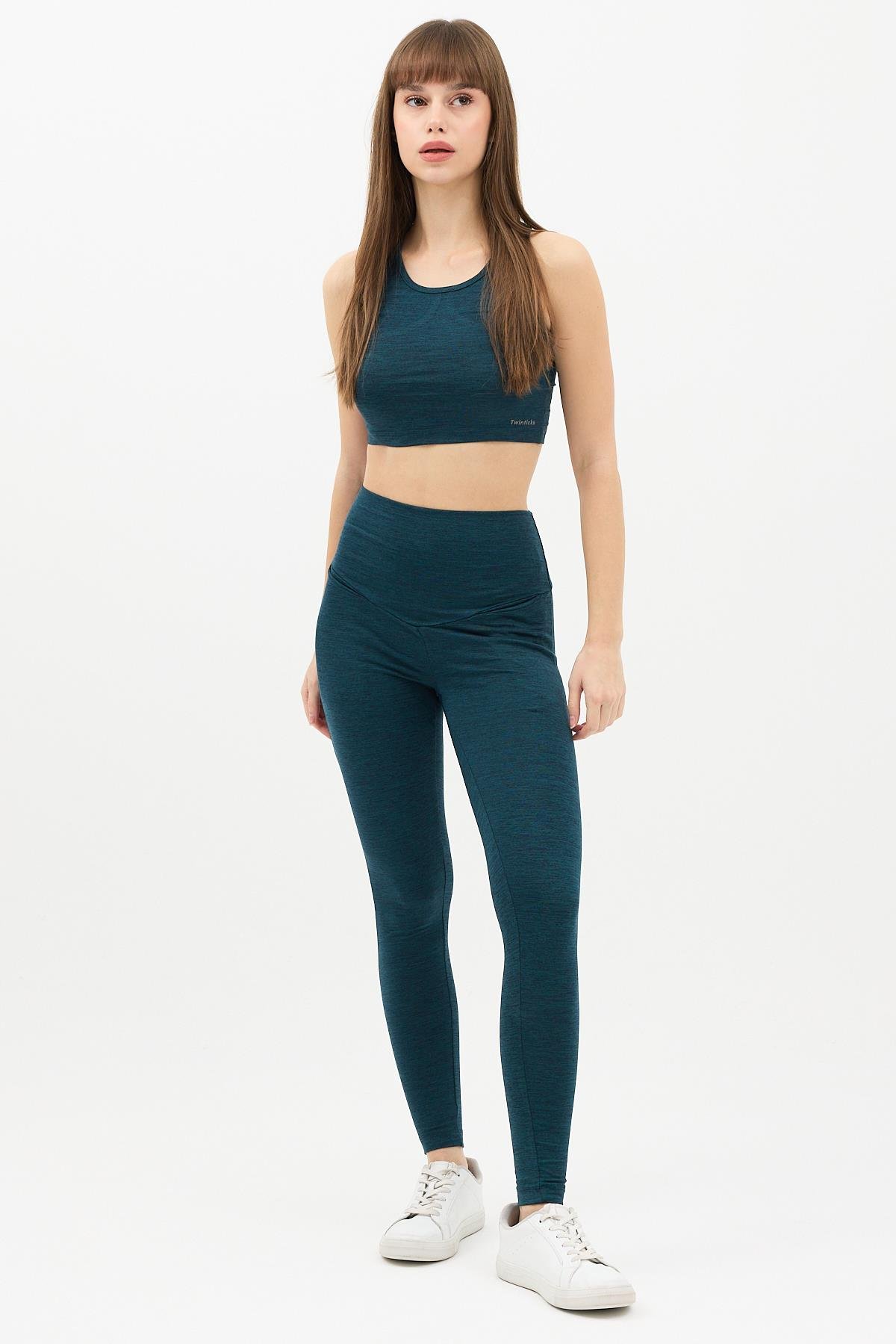 Gizli Cepli Yüksek Bel Yeşil Spor Tayt Takımı - Crop büstiyerli Yoga ve Fitness Seti