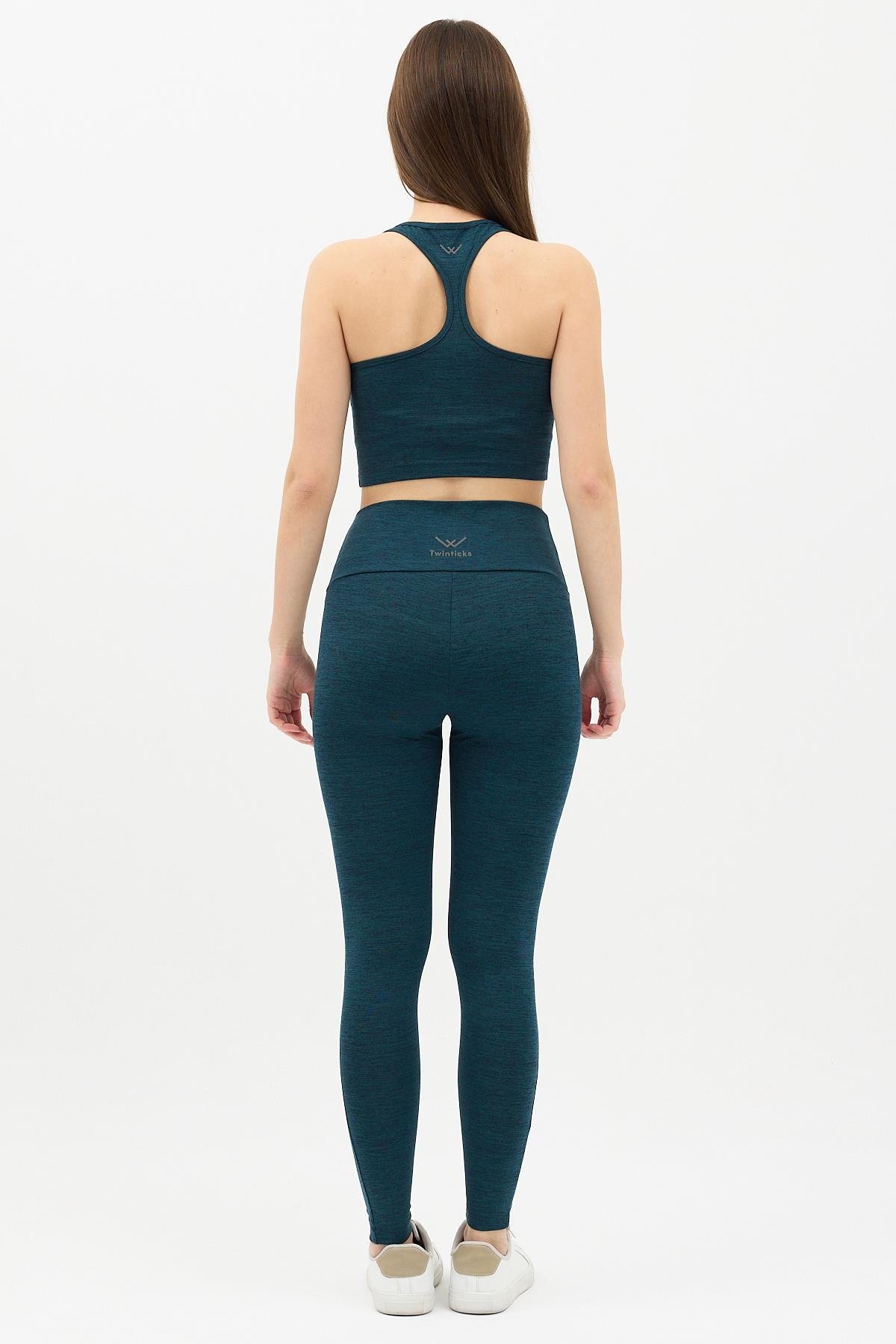 Gizli Cepli Yüksek Bel Yeşil Spor Tayt Takımı - Crop büstiyerli Yoga ve Fitness Seti