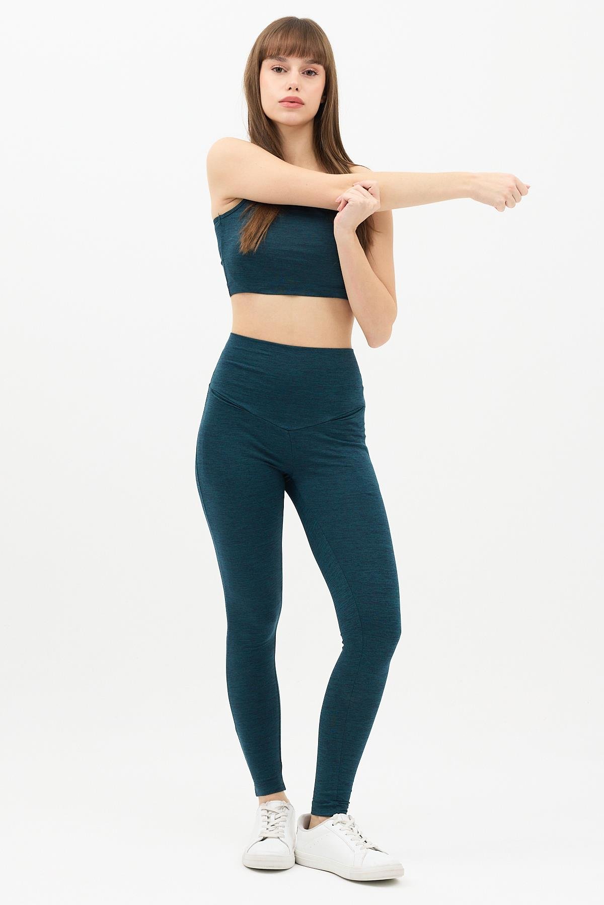 Gizli Cepli Yüksek Bel Yeşil Spor Tayt Takımı - Crop büstiyerli Yoga ve Fitness Seti