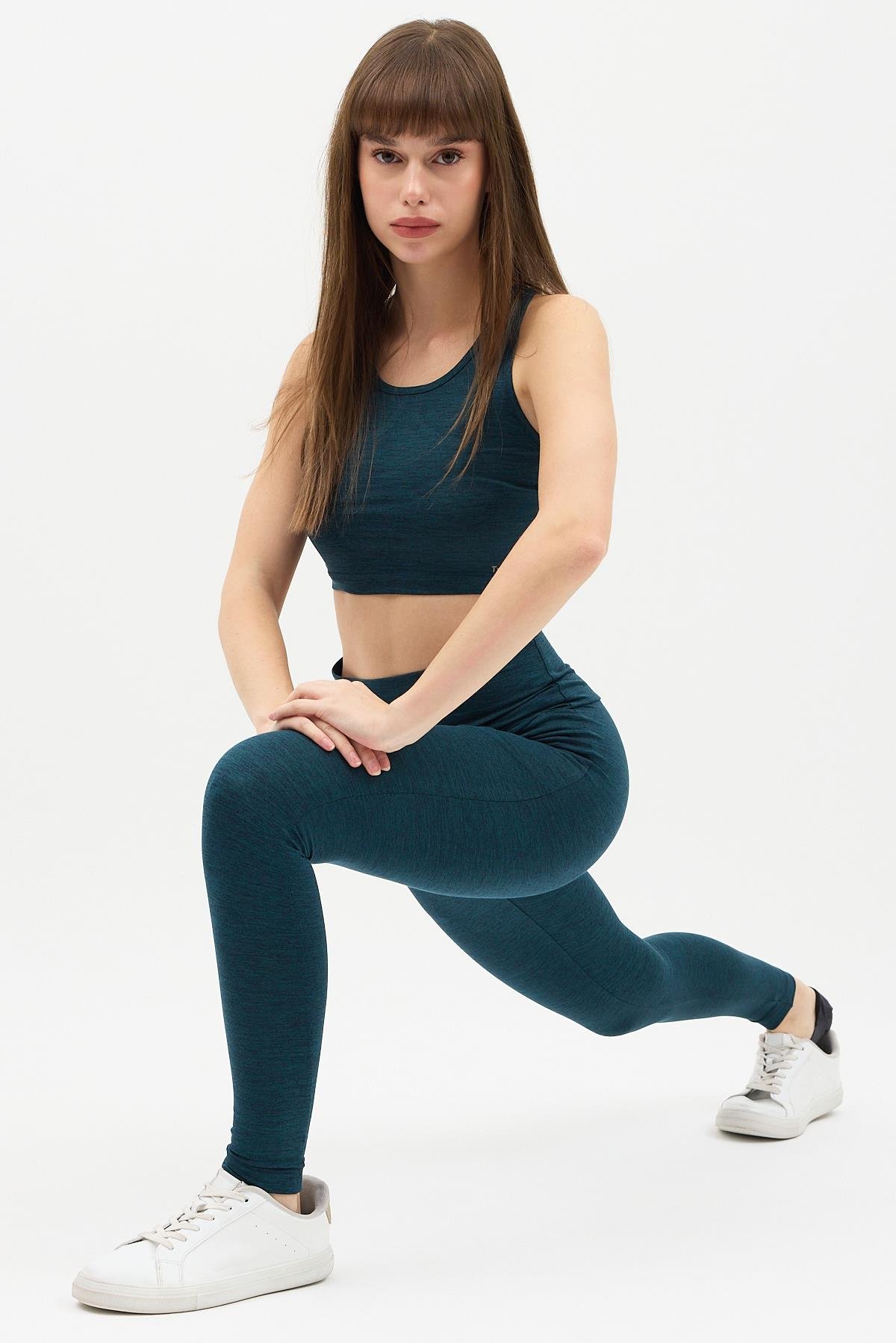Gizli Cepli Yüksek Bel Yeşil Spor Tayt Takımı - Crop büstiyerli Yoga ve Fitness Seti