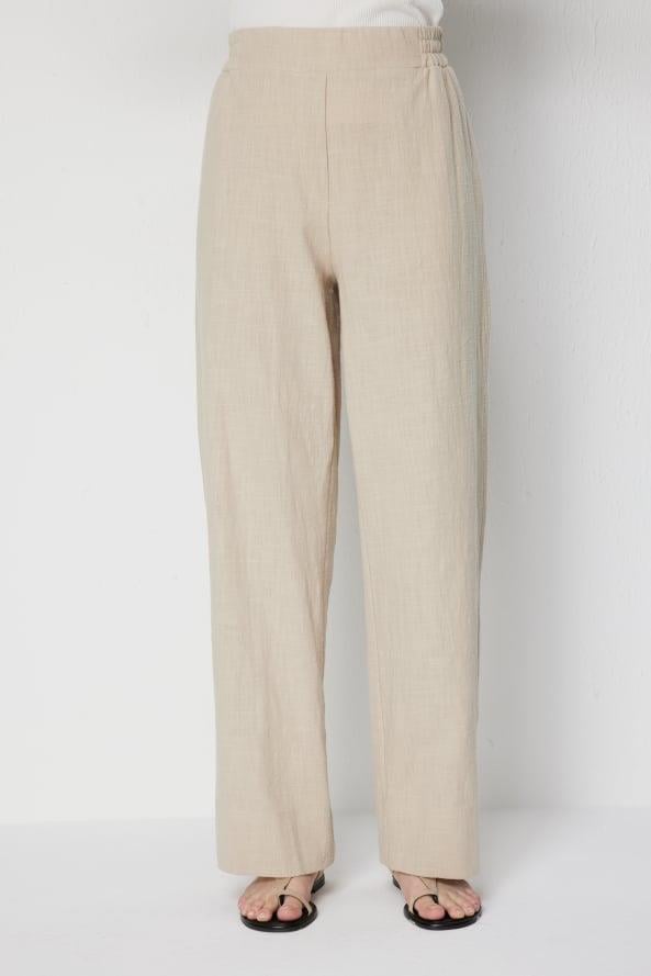 On Beli Lastikli Bol Paça Keten Pantolon Bej