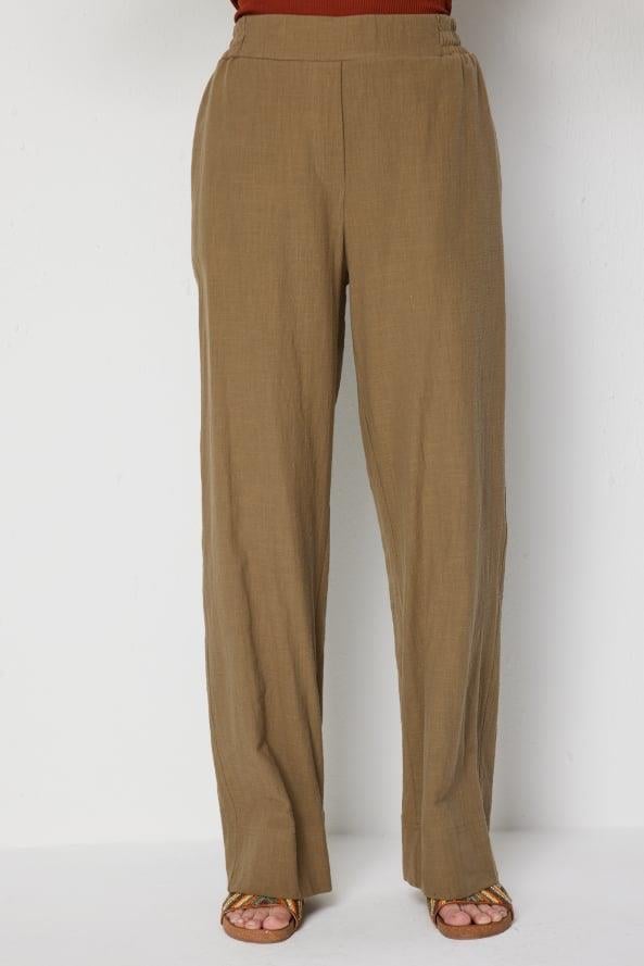 On Beli Lastikli Bol Paça Keten Pantolon Haki