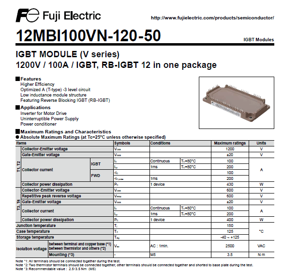 12MBI100VN-120-50, 1200V 100A IGBT Modül