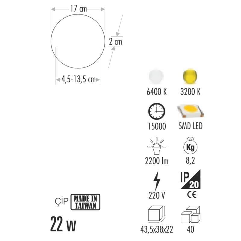 22 Watt Xplus Led Armatür Cata CT5662 - 6400K Beyaz Işık