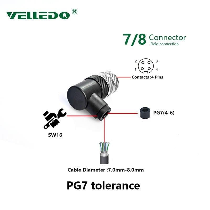 7/8 4 Pin 90°  Açılı Dişi Konnektör 7/8-F04S Velledq