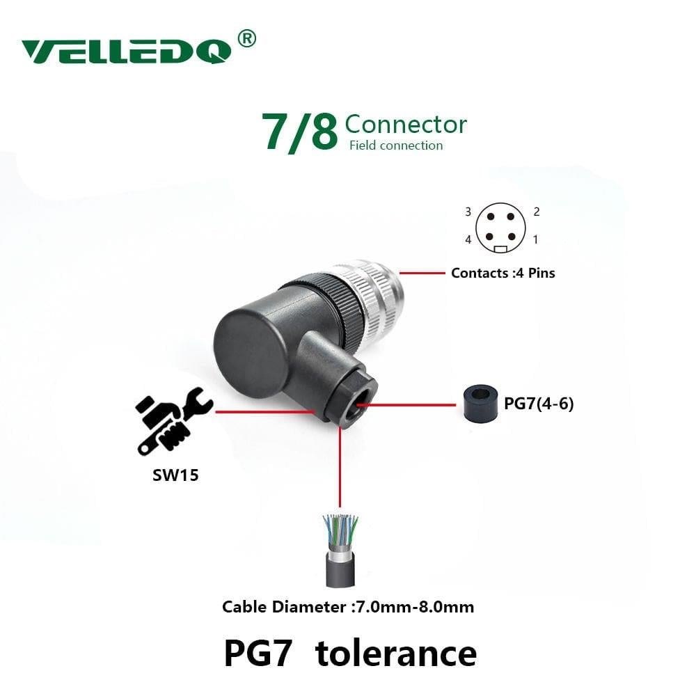 7/8 4 Pin 90°  Açılı Erkek Konnektör 7/8-M04S Velledq