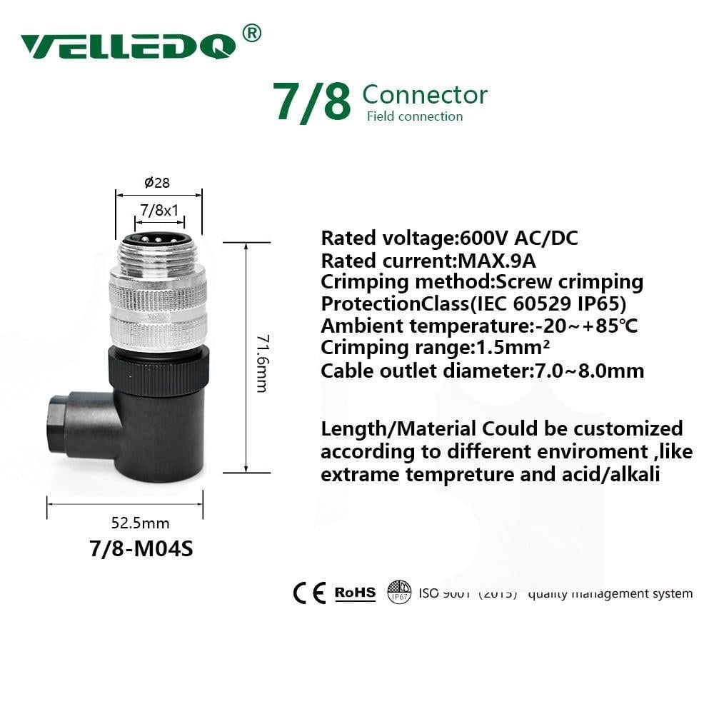 7/8 4 Pin 90°  Açılı Erkek Konnektör 7/8-M04S Velledq
