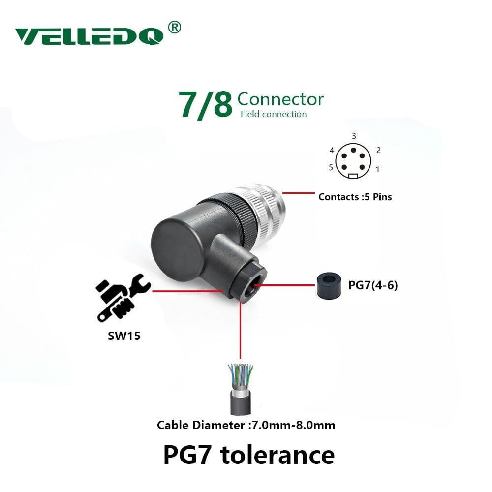 7/8 5 Pin 90° Açılı Erkek Konnektör 7/8-M05S Velledq