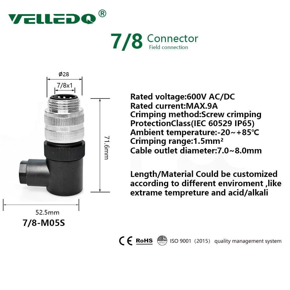 7/8 5 Pin 90° Açılı Erkek Konnektör 7/8-M05S Velledq