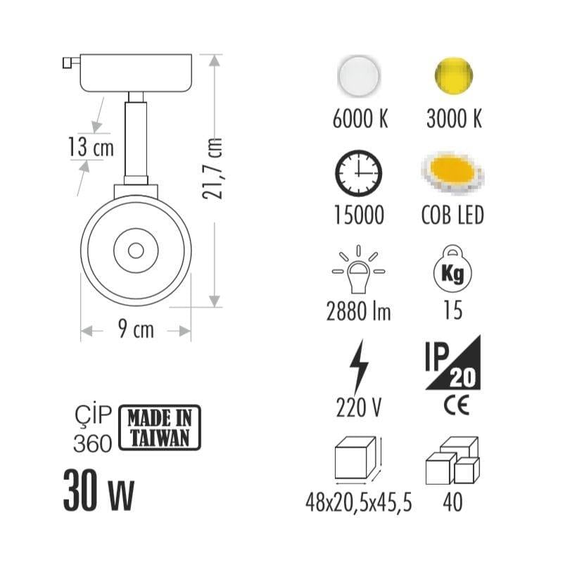 Cata 30W Led Ray Spot Armatür CT-5340 Sarı ışık
