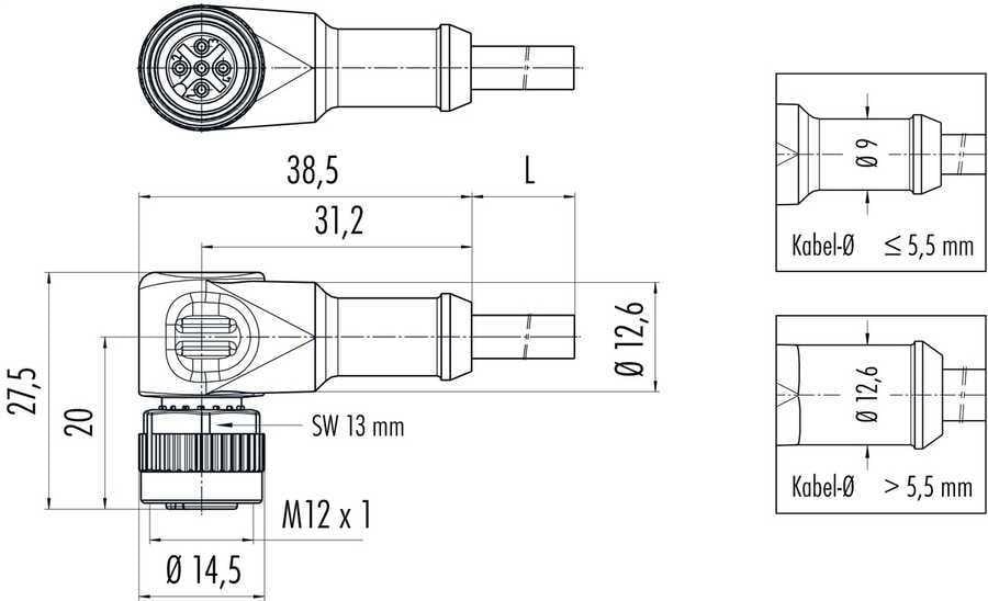 M12 4 Pinli 5mt. Dişi Açılı Kablolu Tip 4 Kontaklı Konnektör 79 3434 17 04
