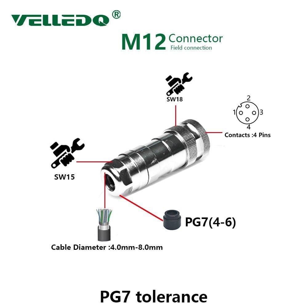 M12P-F03T - M12 3 Pin Dişi Düz Metal Konnektör - Velledq