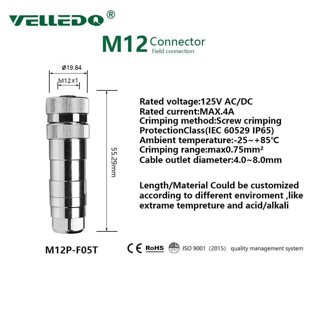 M12P-F08T - M12 8 Pin Dişi Düz Metal Konnektör - Velledq