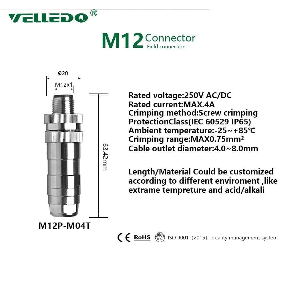 M12P-M03T - M12 3 Pin Erkek Düz Metal Konnektör - Velledq