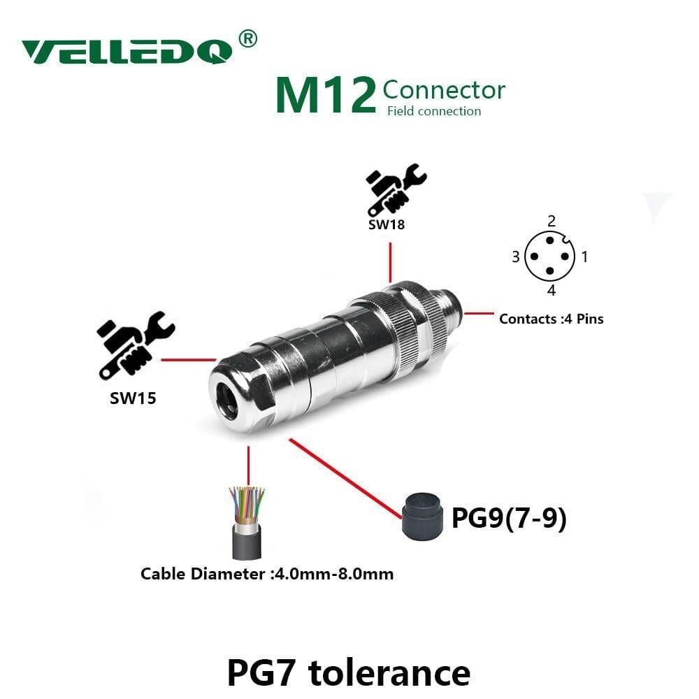M12P-M03T - M12 3 Pin Erkek Düz Metal Konnektör - Velledq