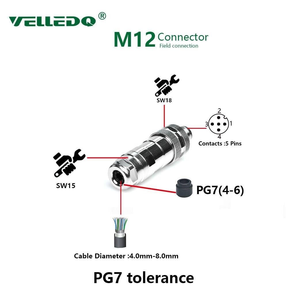 M12P-M05T M12 5 Pin Erkek Düz Metal Konnektör - Velledq