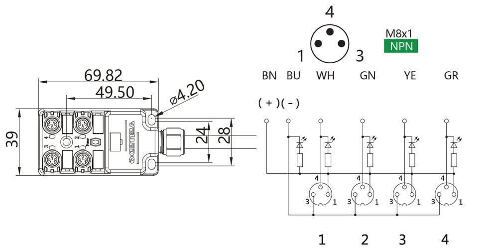 M8 3 Pin 4 Port NPN 3 Metre Kablolu Junction Box - M8-A3-4K3N-3.0PVC/GY