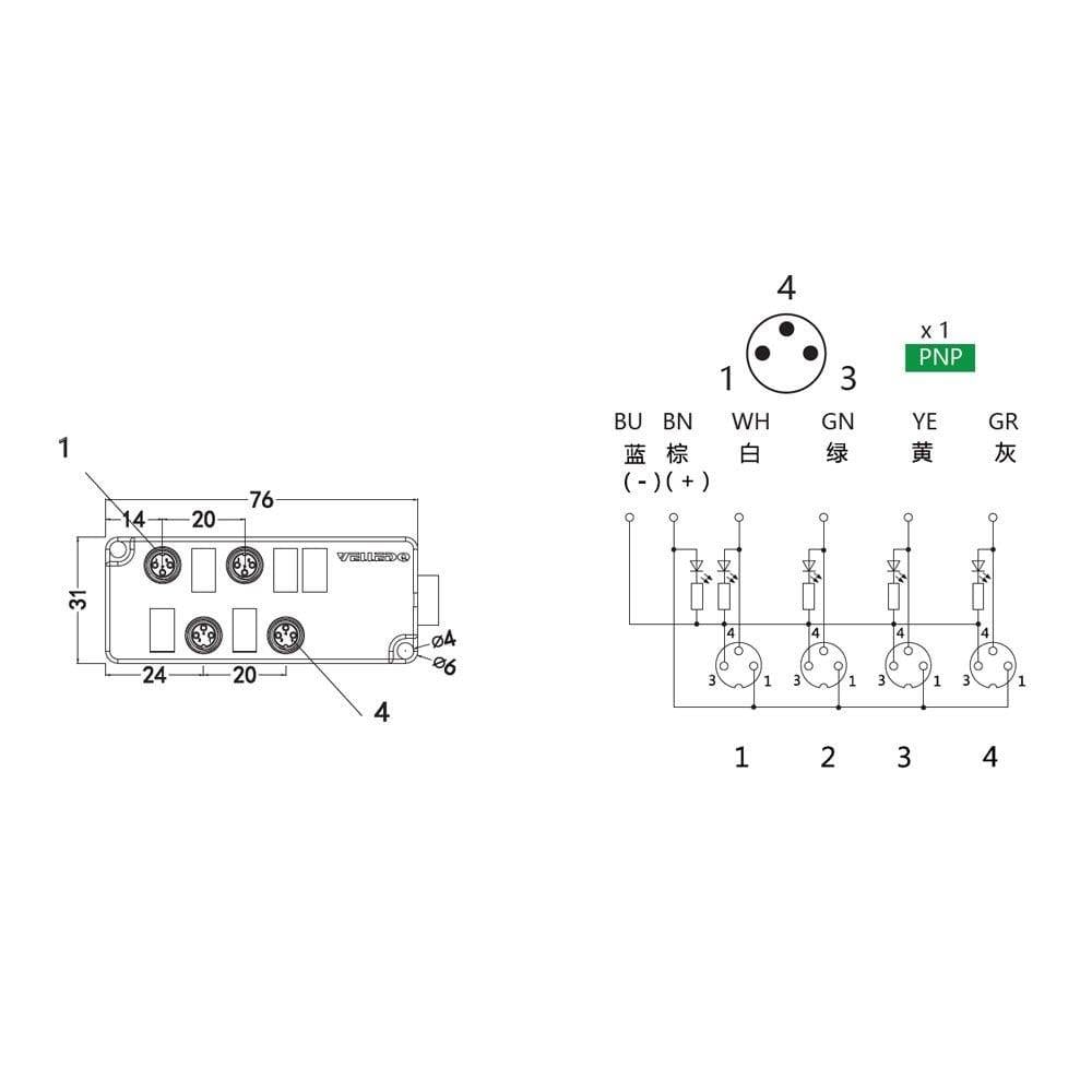 M8 3 Pin 4 Port PNP 5 Metre Kablolu Junction Box - M8-A3-4K3P-5.0PVC/GY