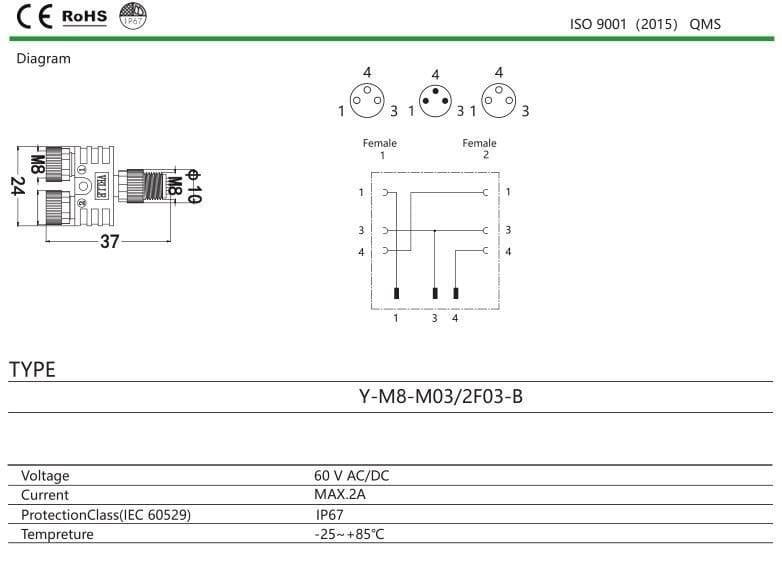 M8 Y Tip 3 Pin Erkek - 3 Pin Dişi Konnektör Y-M8-M03/2F03