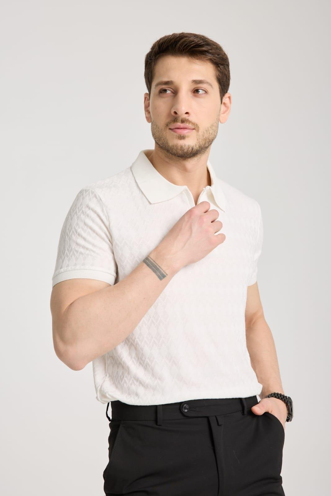 Bernal Erkek Ekru Yumuşak Dokulu Regular Fit Baklava Jakar Polo Yaka Fermuarlı T-shirt & Tişört