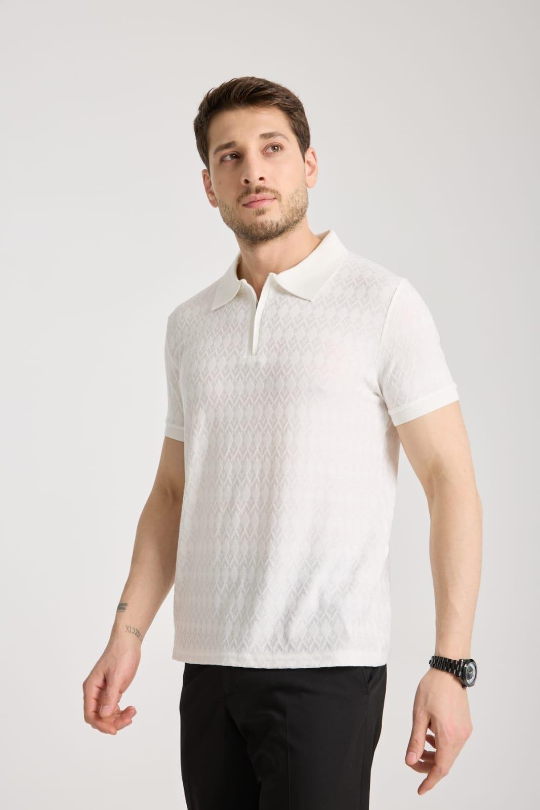 Bernal Erkek Ekru Yumuşak Dokulu Regular Fit Baklava Jakar Polo Yaka Fermuarlı T-shirt & Tişört