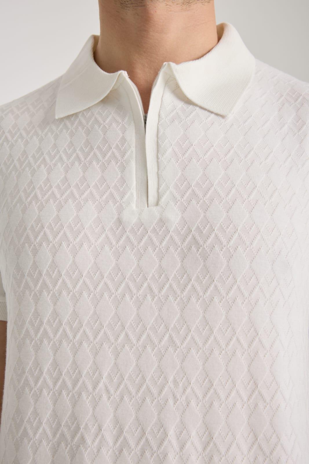 Bernal Erkek Ekru Yumuşak Dokulu Regular Fit Baklava Jakar Polo Yaka Fermuarlı T-shirt & Tişört