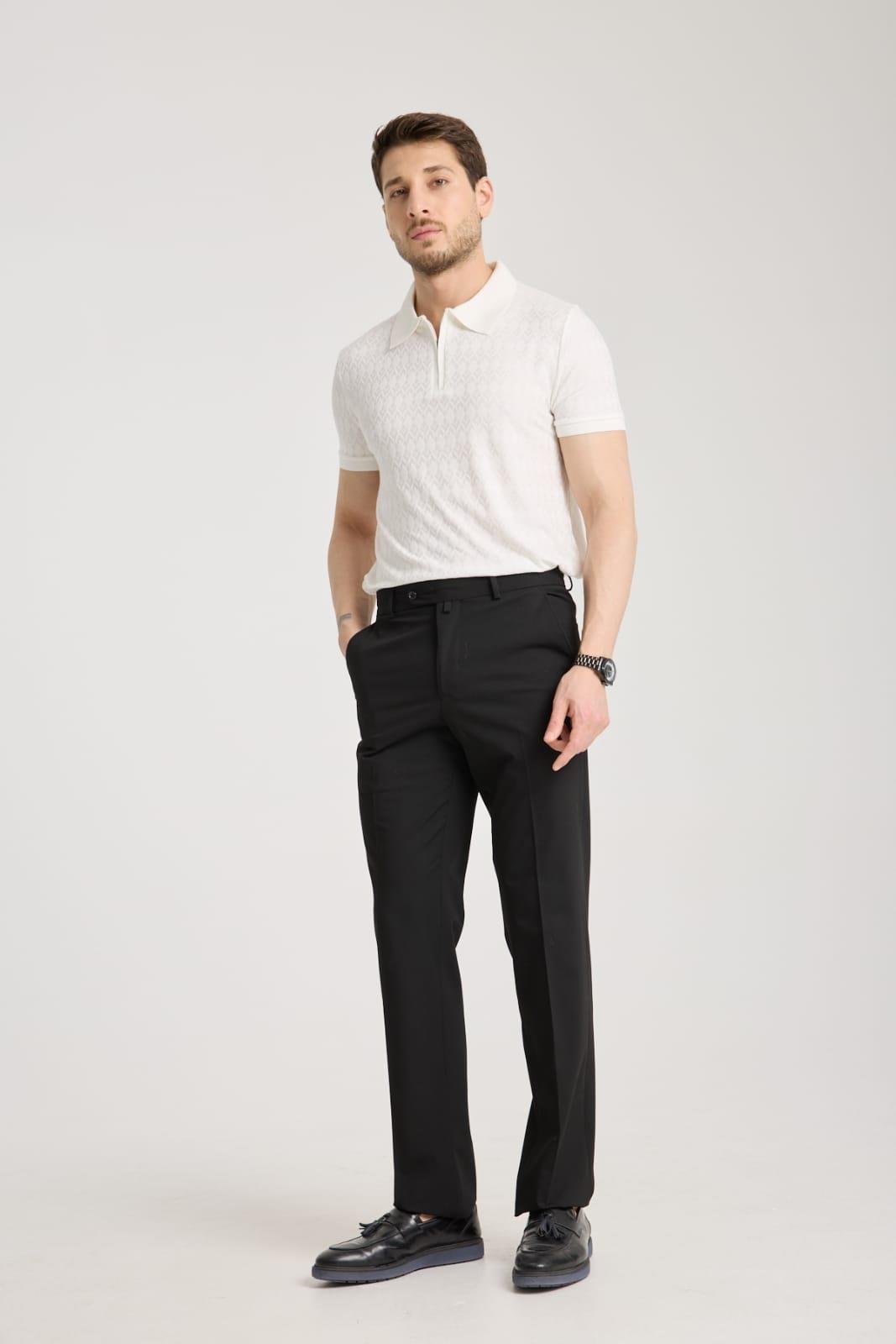 Bernal Erkek Ekru Yumuşak Dokulu Regular Fit Baklava Jakar Polo Yaka Fermuarlı T-shirt & Tişört