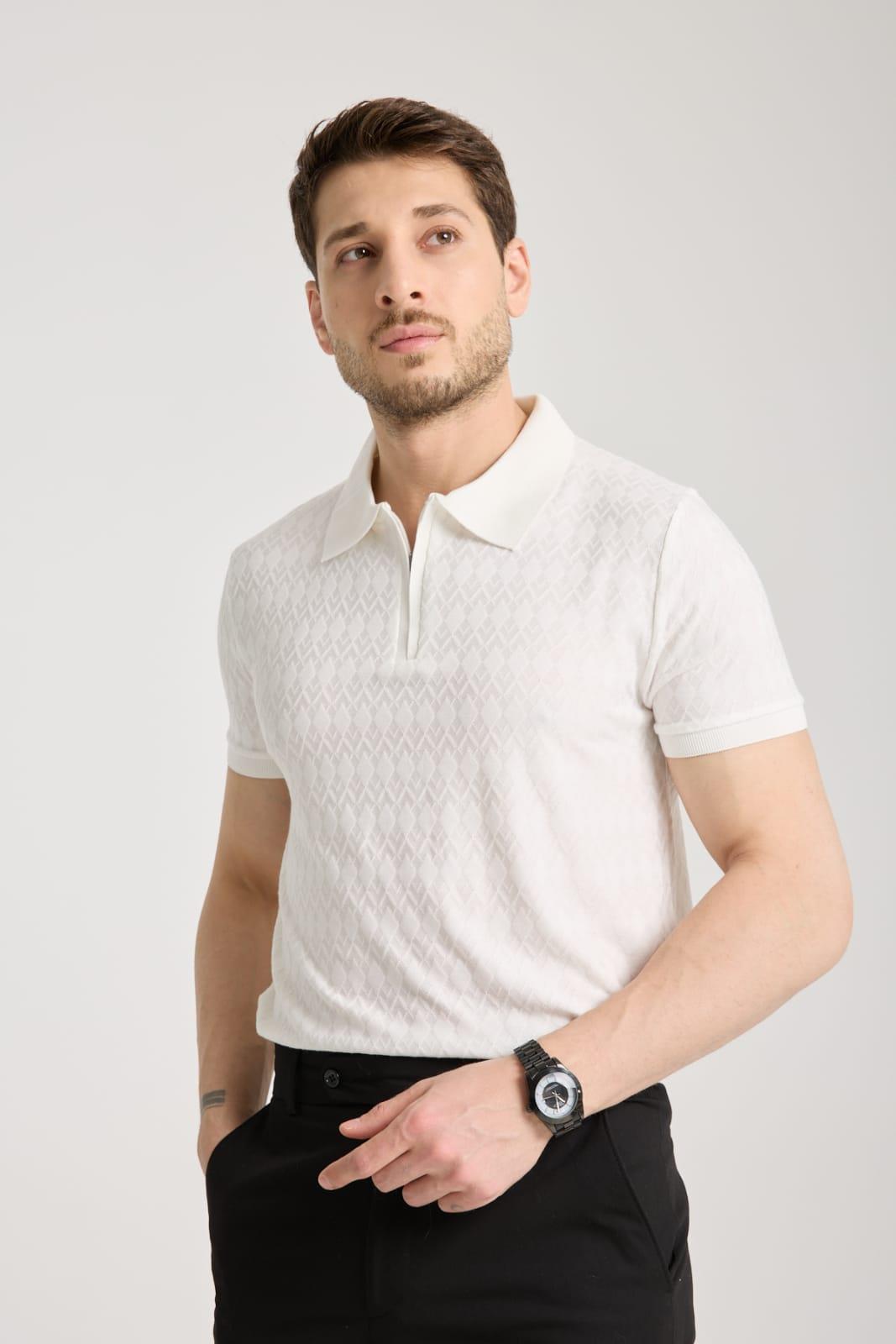 Bernal Erkek Ekru Yumuşak Dokulu Regular Fit Baklava Jakar Polo Yaka Fermuarlı T-shirt & Tişört