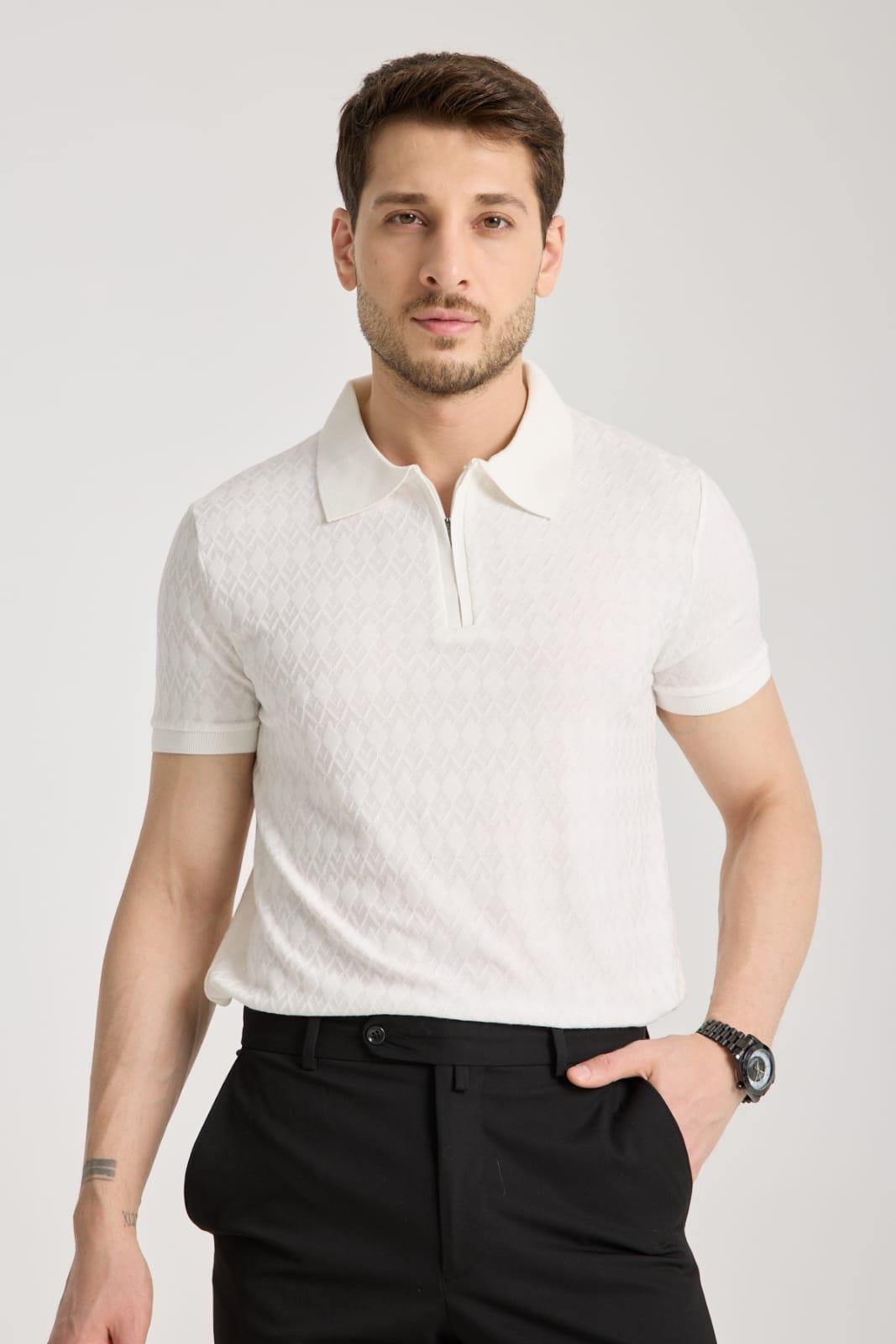 Bernal Erkek Ekru Yumuşak Dokulu Regular Fit Baklava Jakar Polo Yaka Fermuarlı T-shirt & Tişört
