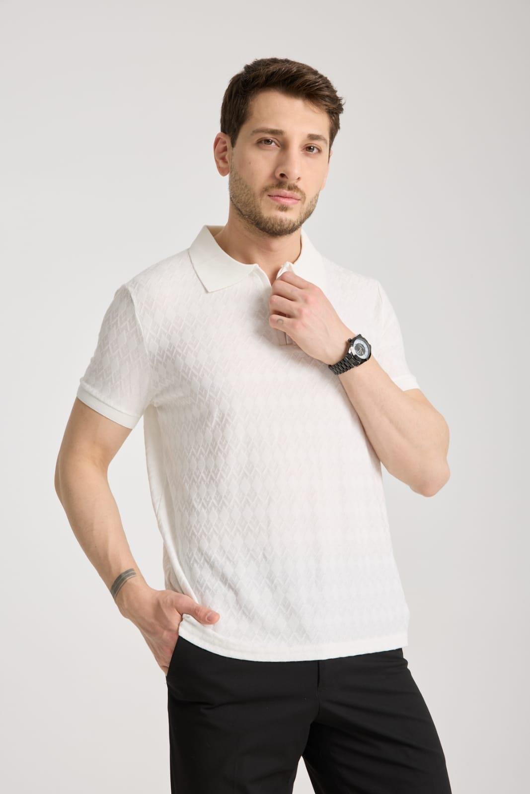 Bernal Erkek Ekru Yumuşak Dokulu Regular Fit Baklava Jakar Polo Yaka Fermuarlı T-shirt & Tişört
