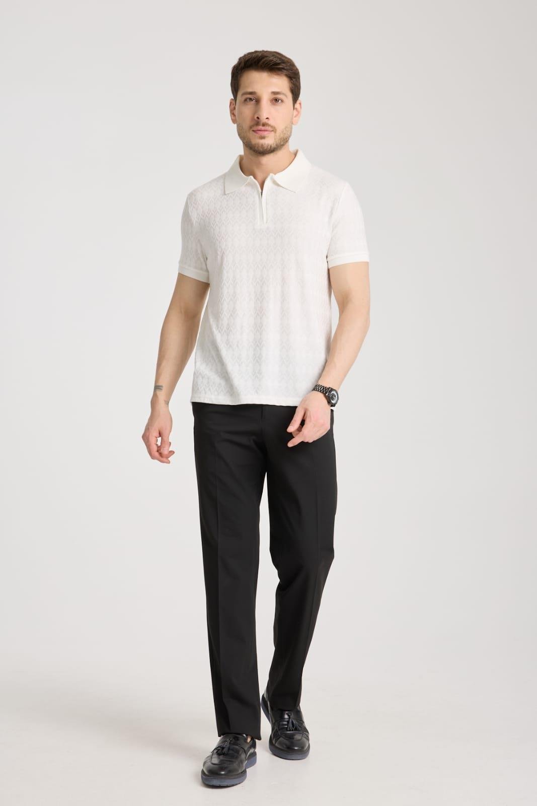 Bernal Erkek Ekru Yumuşak Dokulu Regular Fit Baklava Jakar Polo Yaka Fermuarlı T-shirt & Tişört