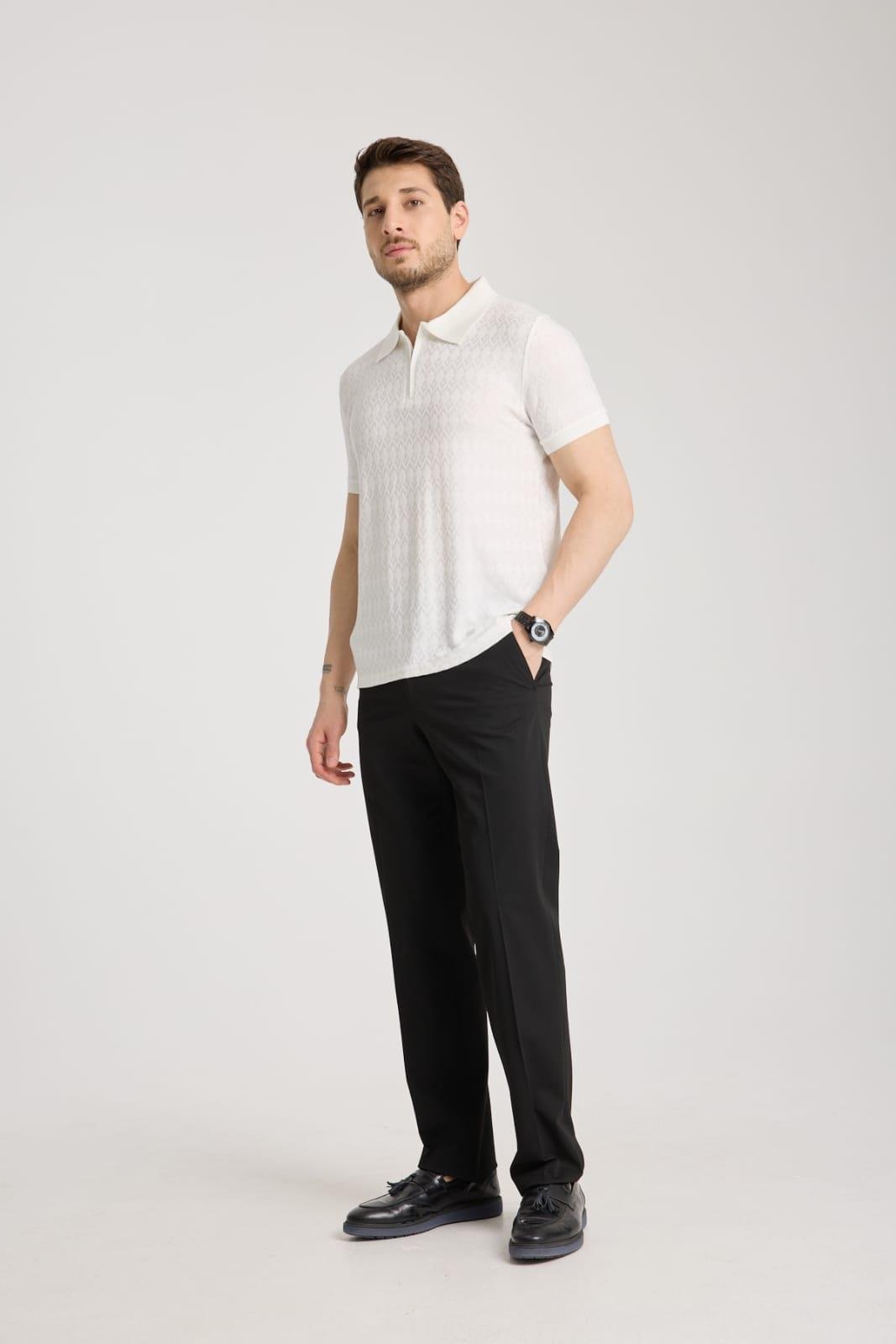 Bernal Erkek Ekru Yumuşak Dokulu Regular Fit Baklava Jakar Polo Yaka Fermuarlı T-shirt & Tişört
