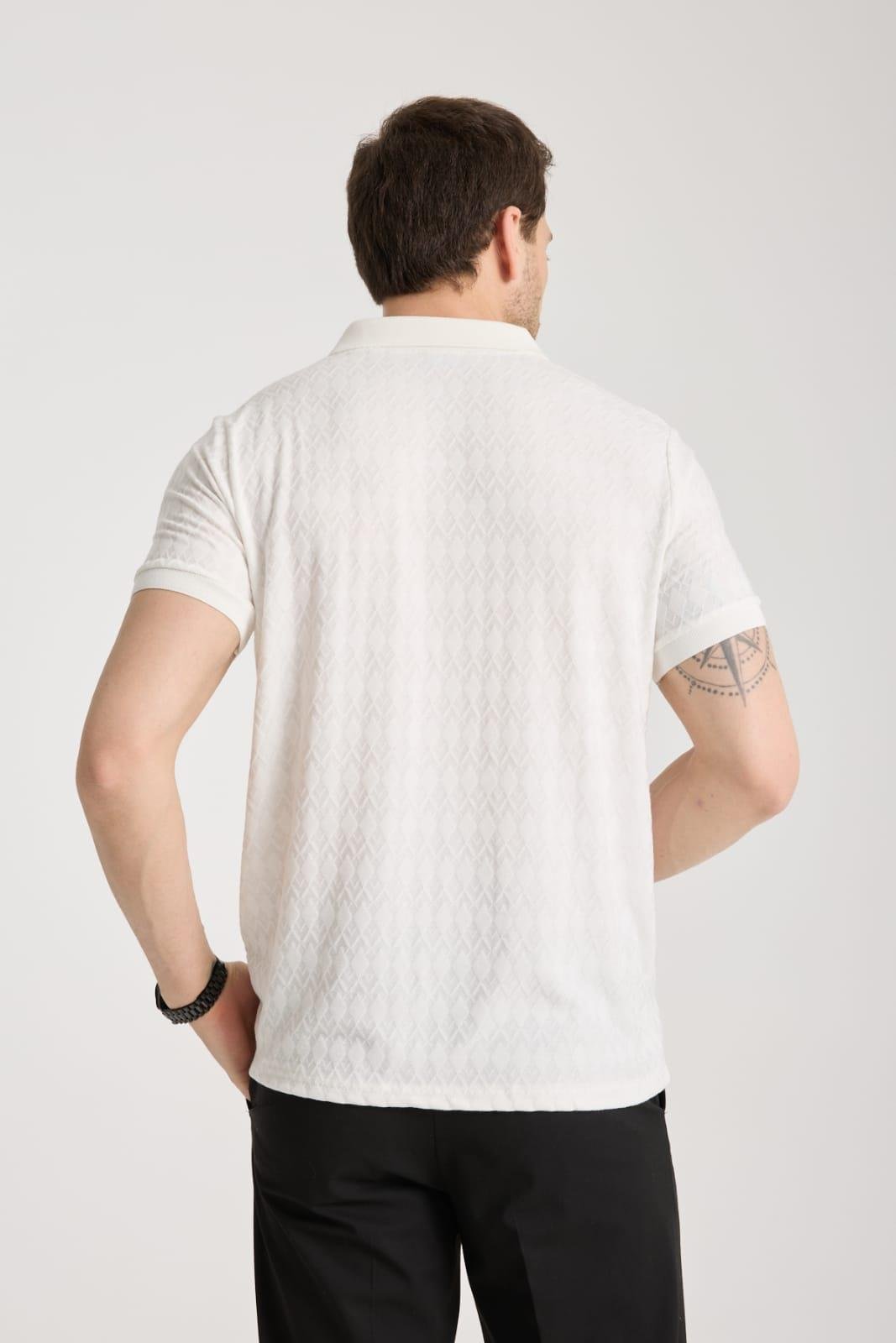 Bernal Erkek Ekru Yumuşak Dokulu Regular Fit Baklava Jakar Polo Yaka Fermuarlı T-shirt & Tişört