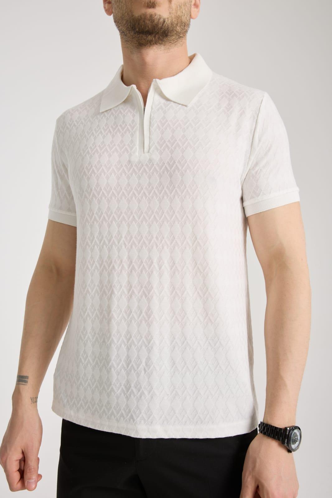 Bernal Erkek Ekru Yumuşak Dokulu Regular Fit Baklava Jakar Polo Yaka Fermuarlı T-shirt & Tişört
