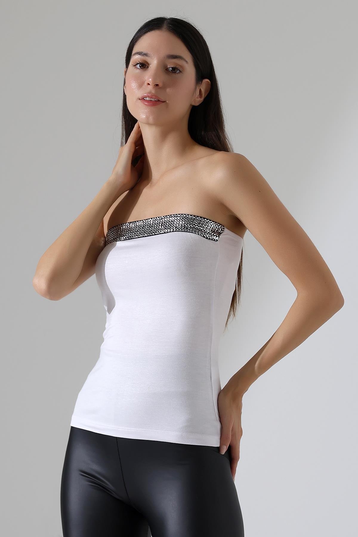 Bimbo Kadın Gümüş Şerit Detaylı Bambu Straplez Top & Bluz - Beyaz