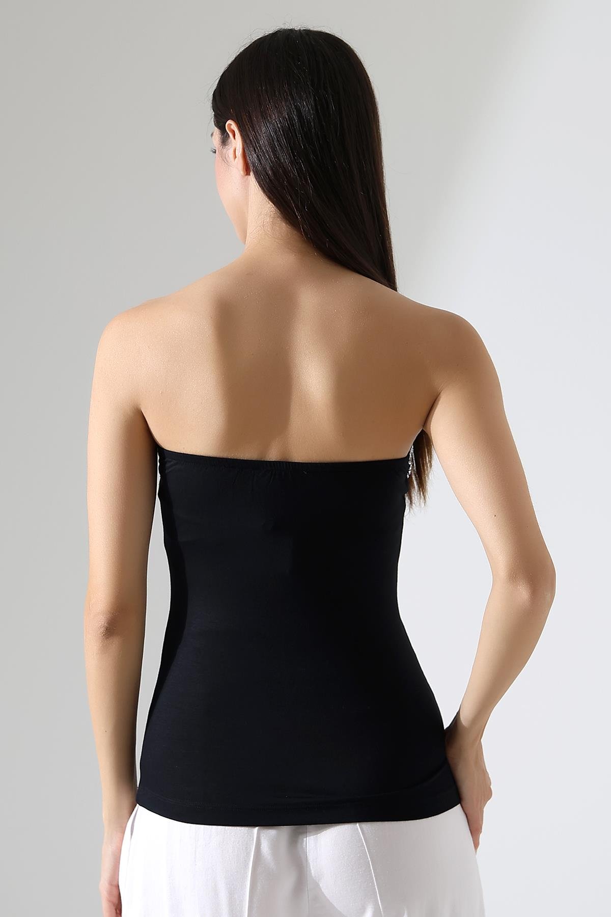 Bimbo Kadın Gümüş Şerit Detaylı Bambu Straplez Top & Bluz - Siyah
