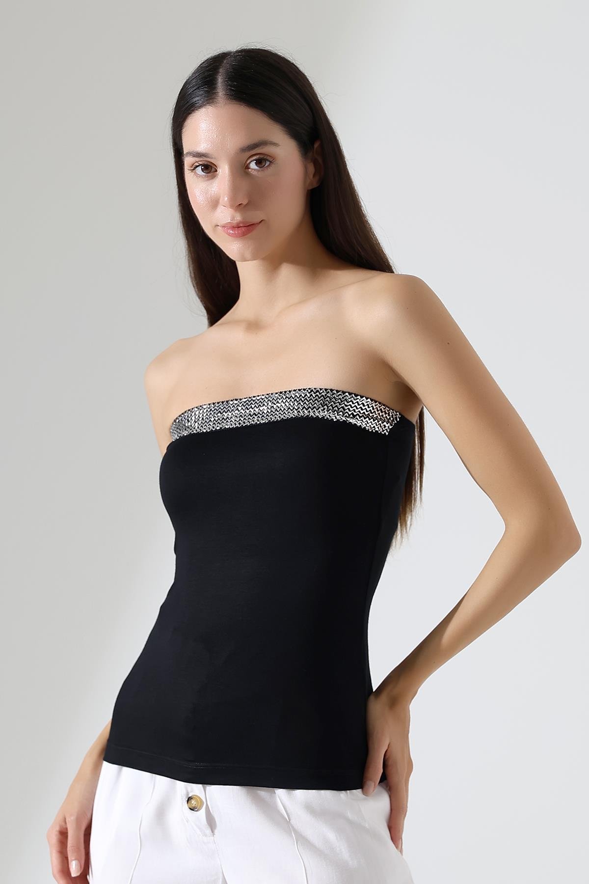 Bimbo Kadın Gümüş Şerit Detaylı Bambu Straplez Top & Bluz - Siyah