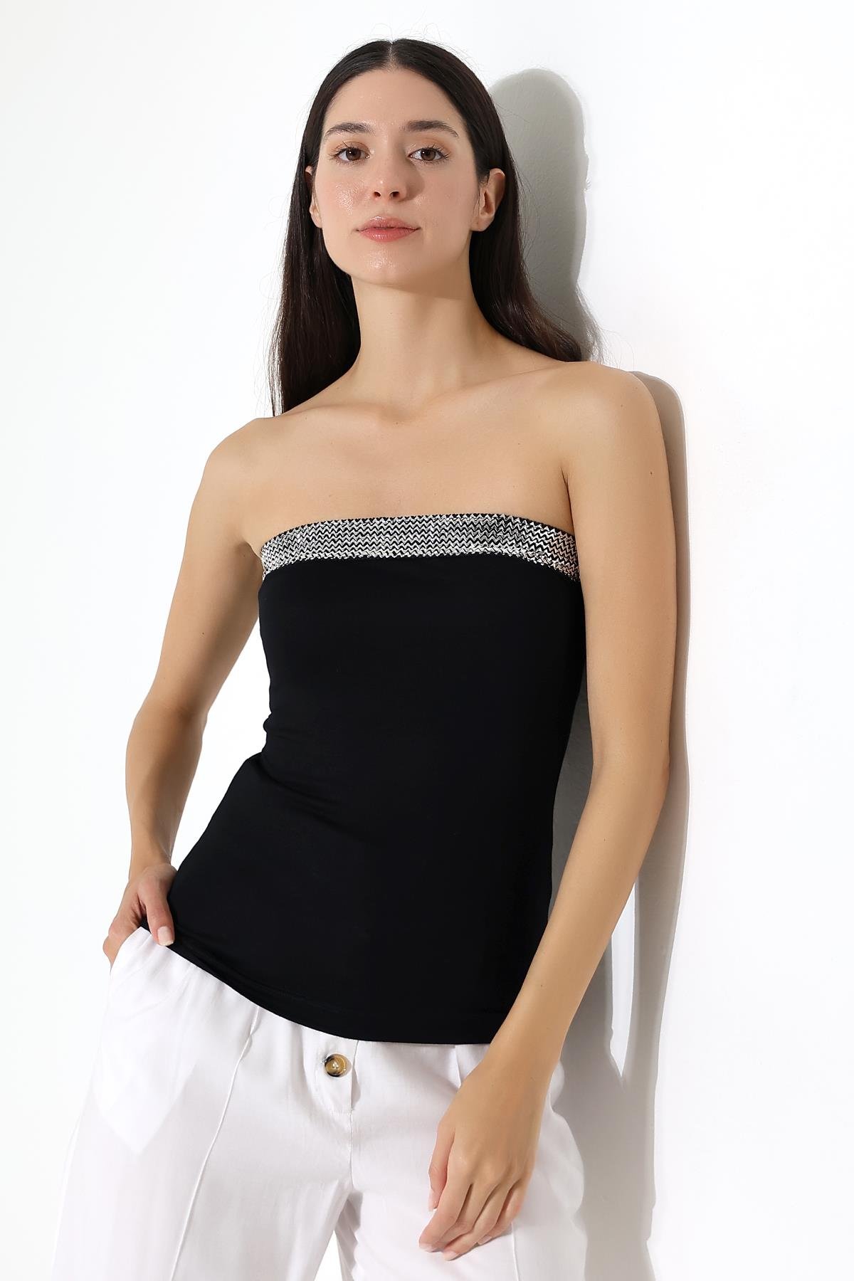 Bimbo Kadın Gümüş Şerit Detaylı Bambu Straplez Top & Bluz - Siyah