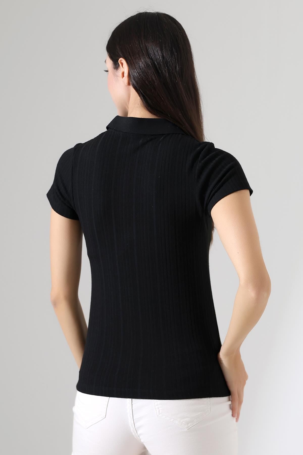 Buhara Ultra Yumuşak Dokulu Polo Yaka Düğmeli Kısa Kollu Slim Kalıp Kadın Bluz & Top - Siyah