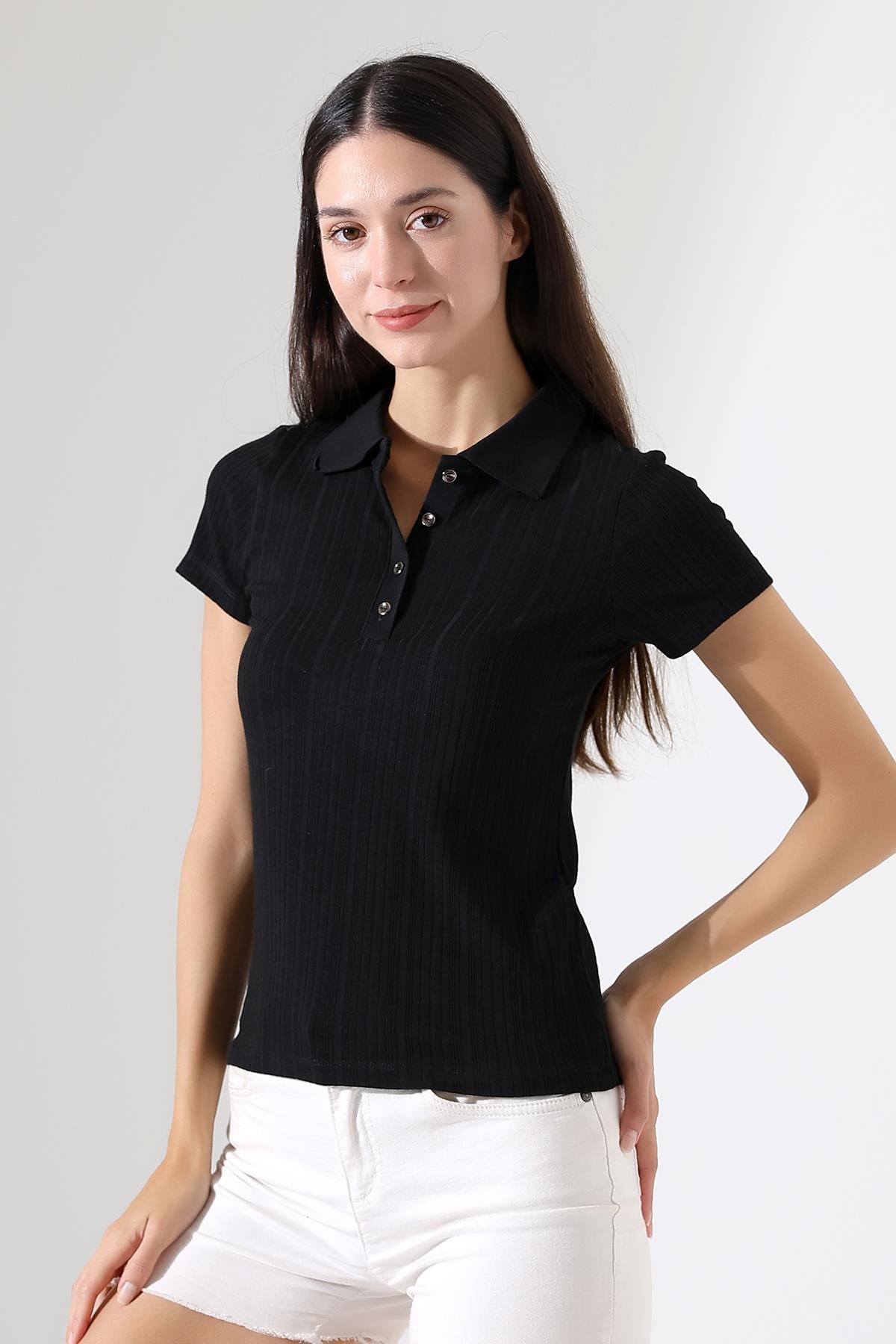 Buhara Ultra Yumuşak Dokulu Polo Yaka Düğmeli Kısa Kollu Slim Kalıp Kadın Bluz & Top - Siyah