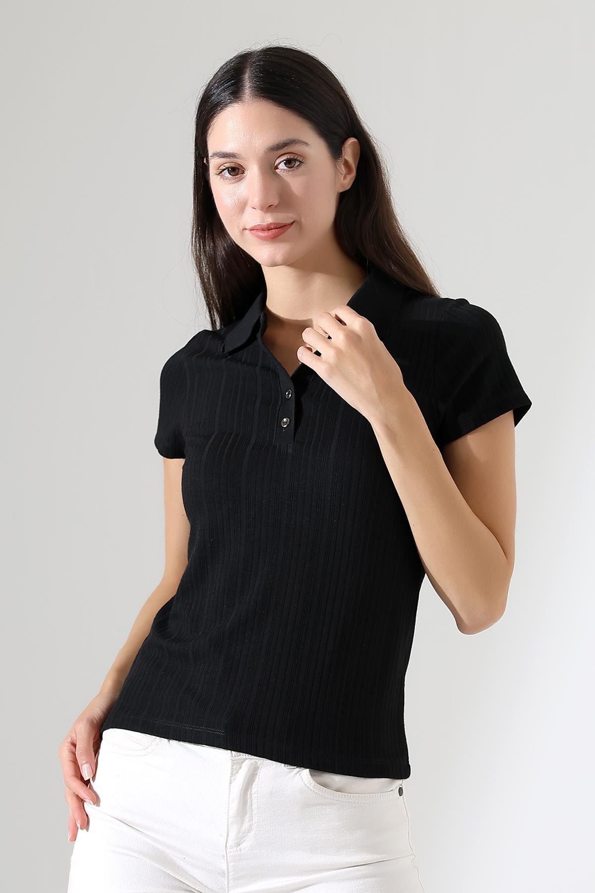 Buhara Ultra Yumuşak Dokulu Polo Yaka Düğmeli Kısa Kollu Slim Kalıp Kadın Bluz & Top - Siyah