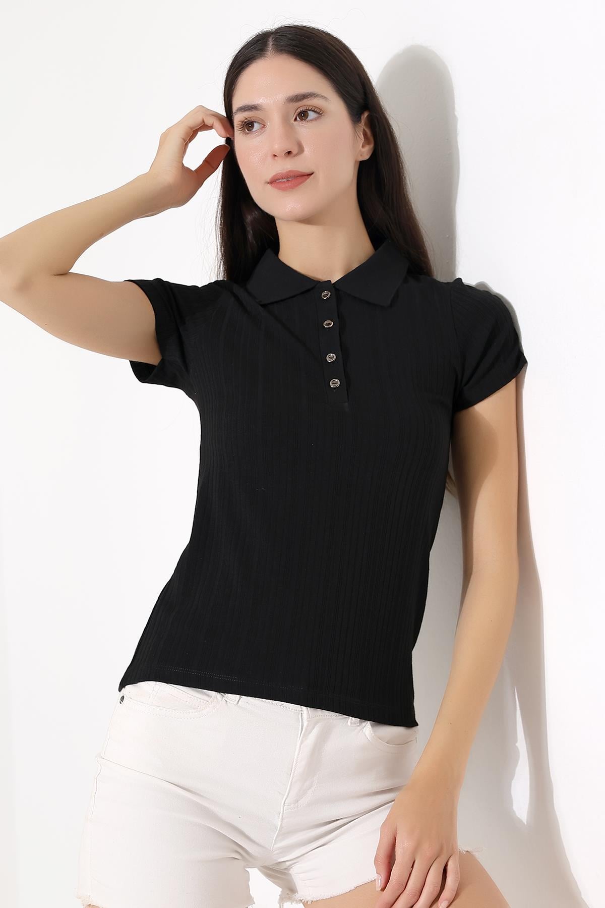 Buhara Ultra Yumuşak Dokulu Polo Yaka Düğmeli Kısa Kollu Slim Kalıp Kadın Bluz & Top - Siyah
