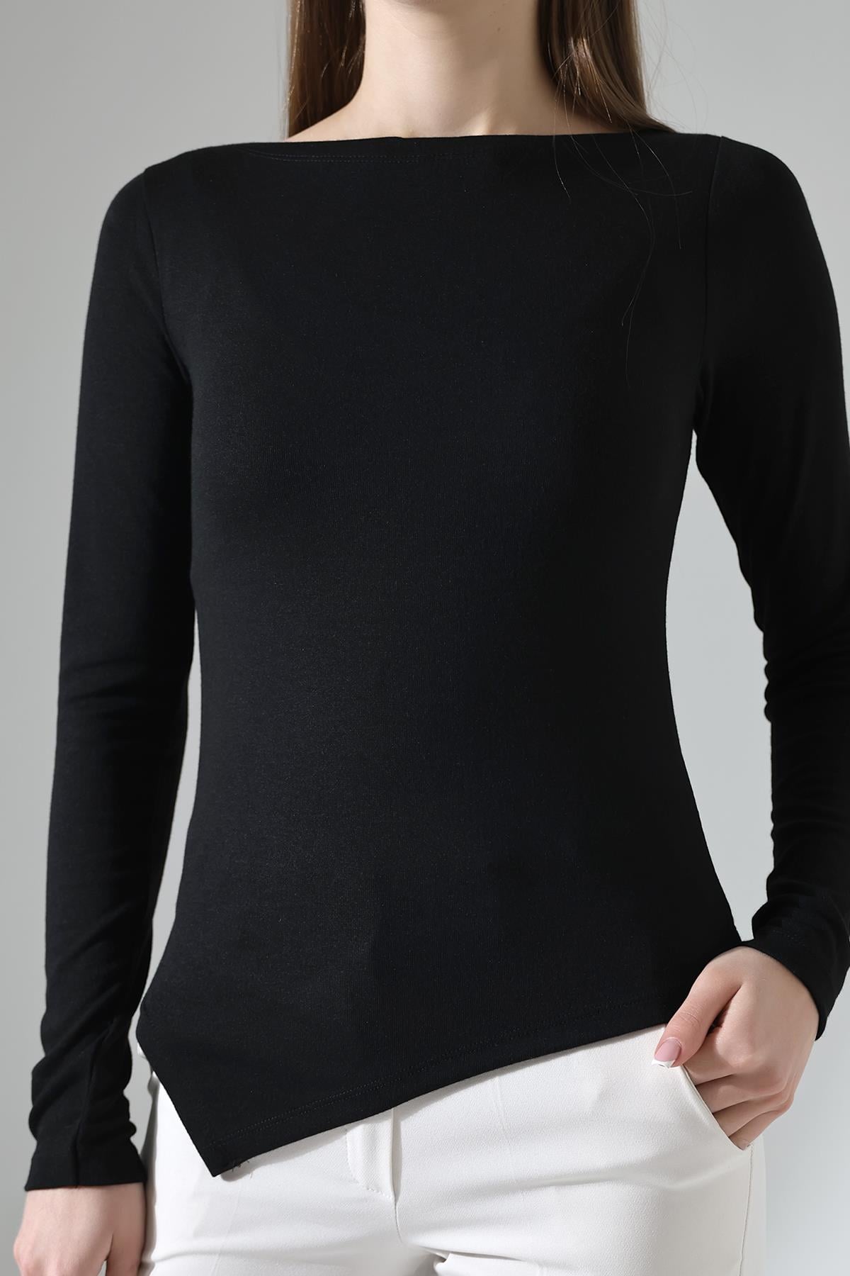 Evora Kadın Asymmetric Kayık Yaka Uzun Kollu Thermal (TERMAL) Bluz & Top - Siyah