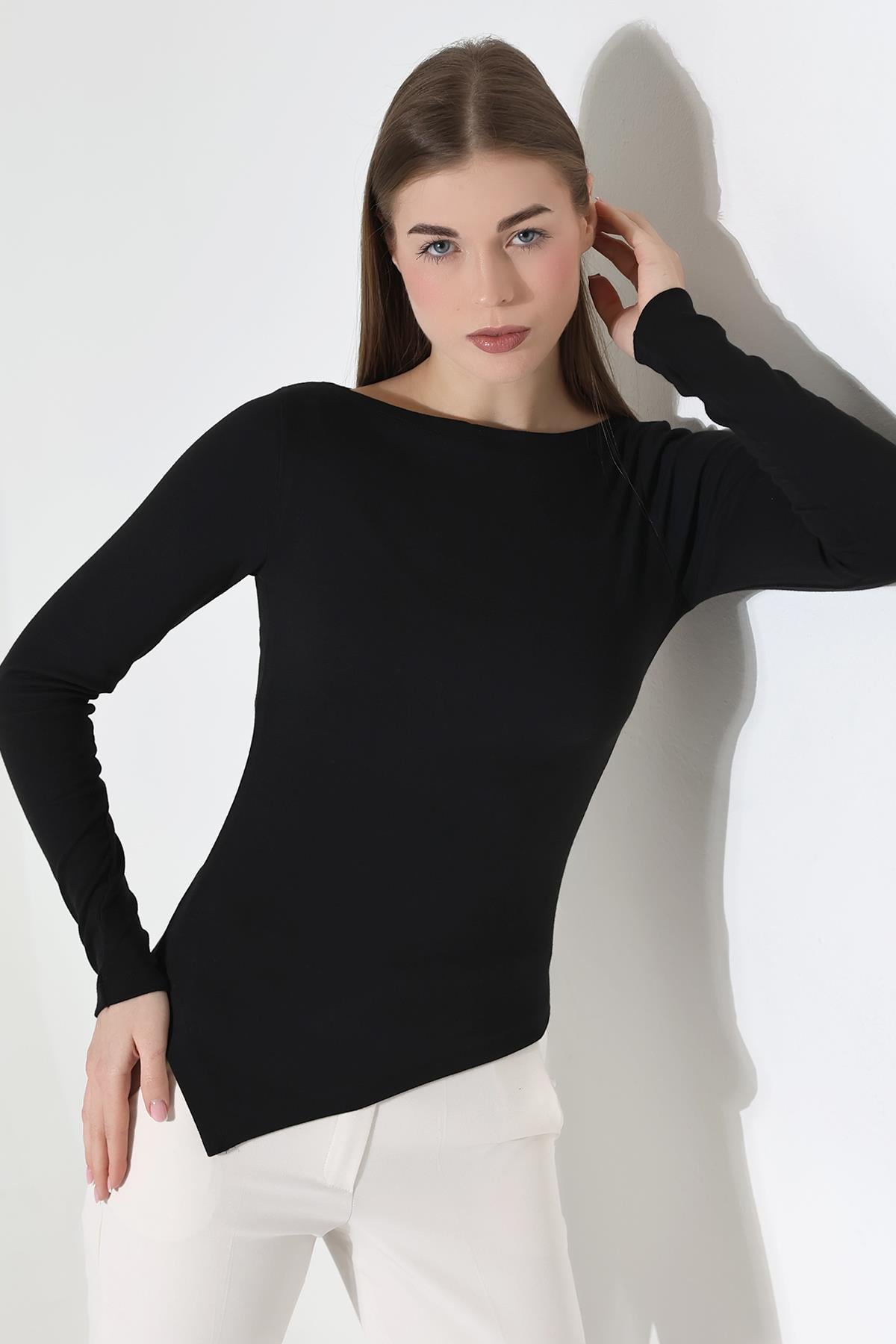 Evora Kadın Asymmetric Kayık Yaka Uzun Kollu Thermal (TERMAL) Bluz & Top - Siyah