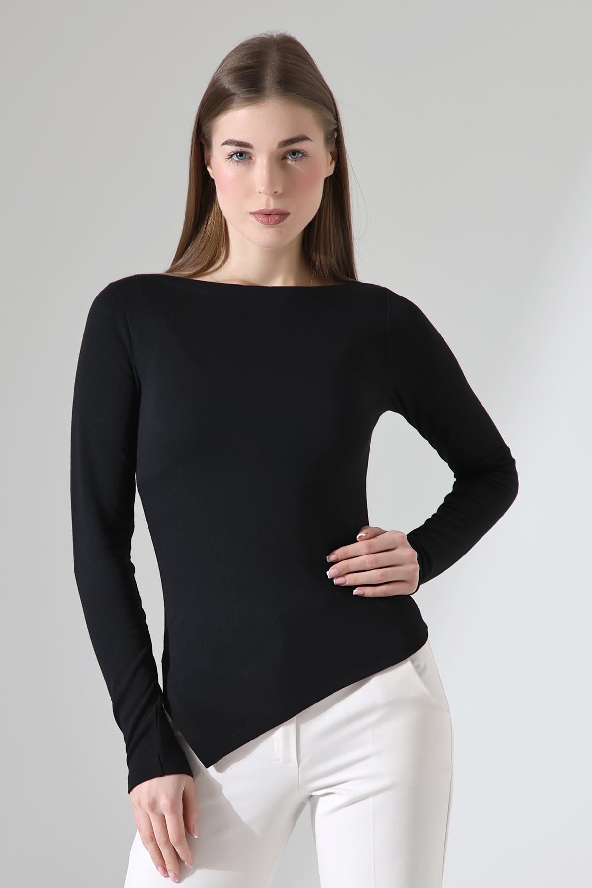 Evora Kadın Asymmetric Kayık Yaka Uzun Kollu Thermal (TERMAL) Bluz & Top - Siyah