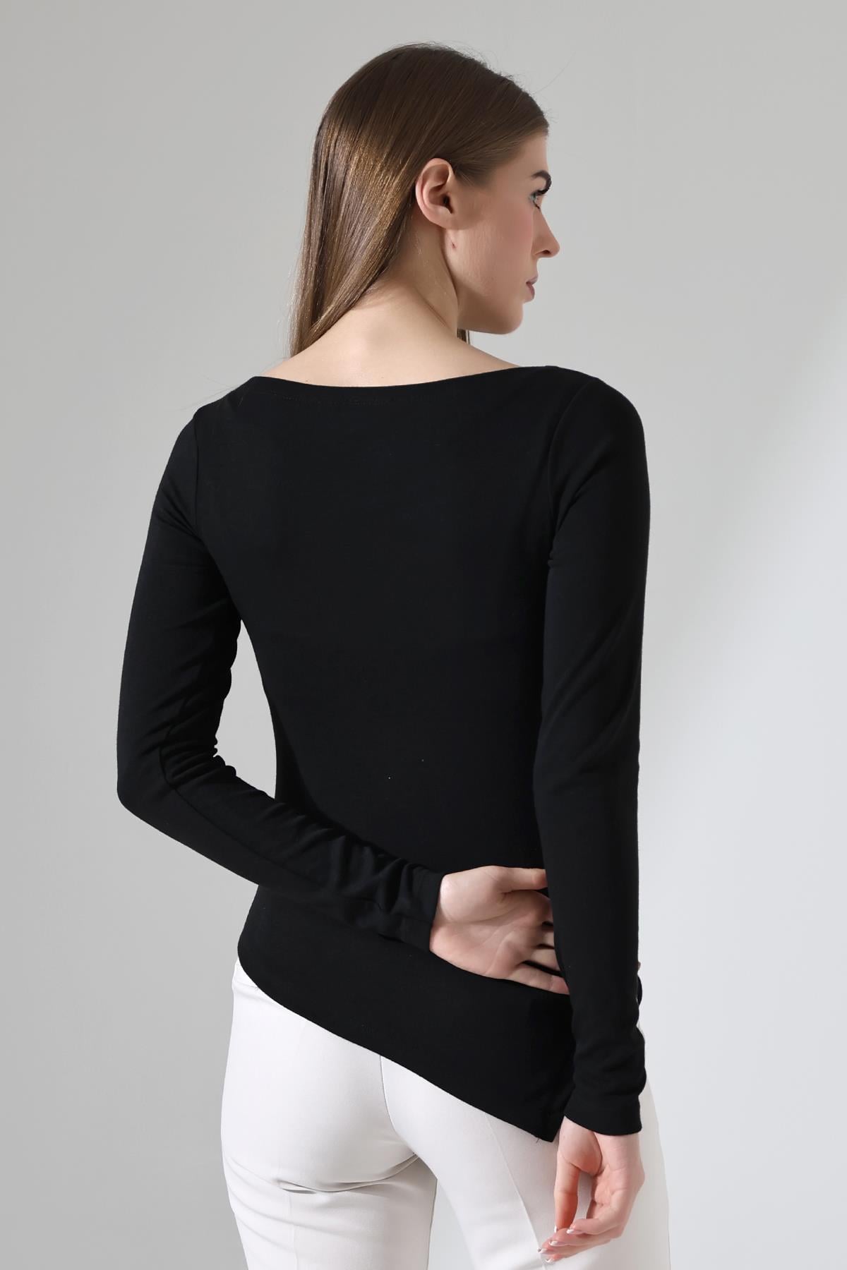 Evora Kadın Asymmetric Kayık Yaka Uzun Kollu Thermal (TERMAL) Bluz & Top - Siyah