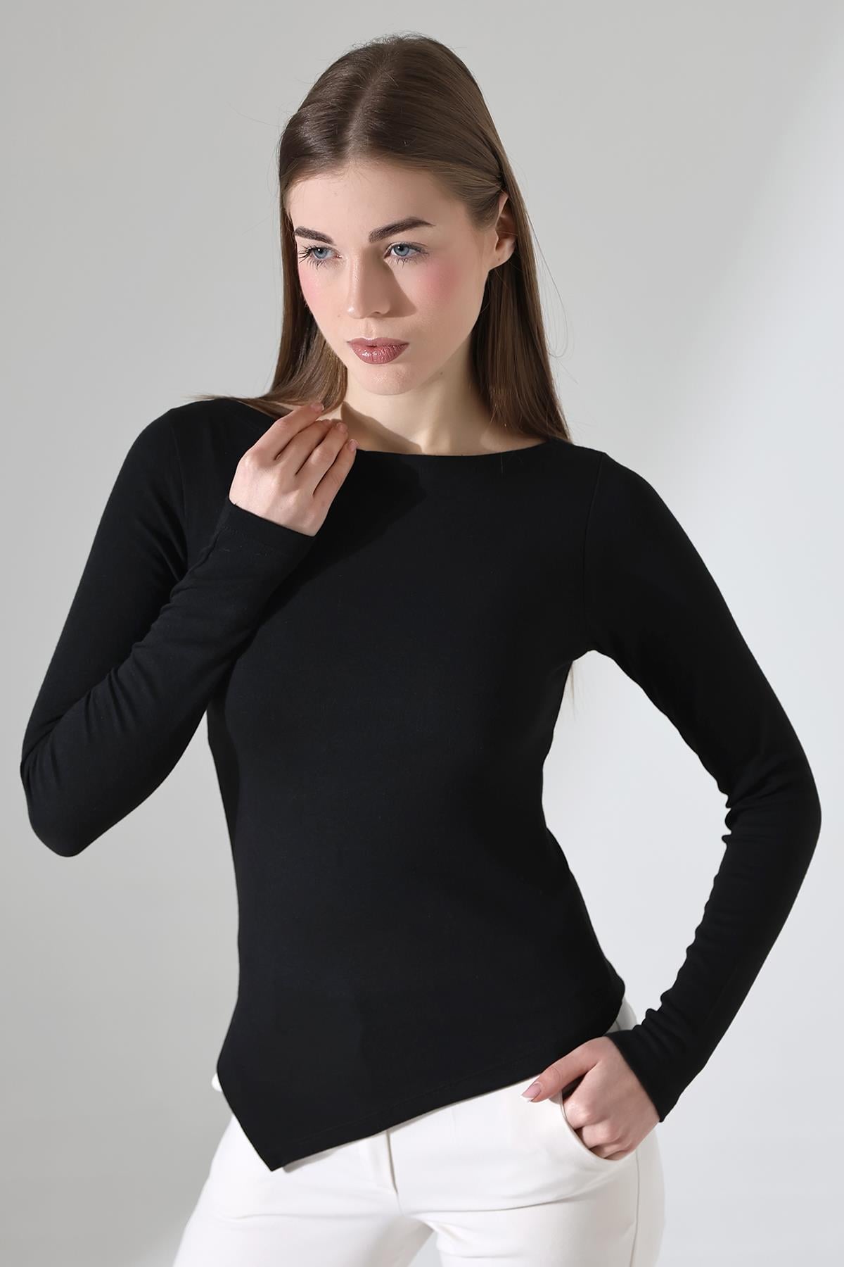 Evora Kadın Asymmetric Kayık Yaka Uzun Kollu Thermal (TERMAL) Bluz & Top - Siyah