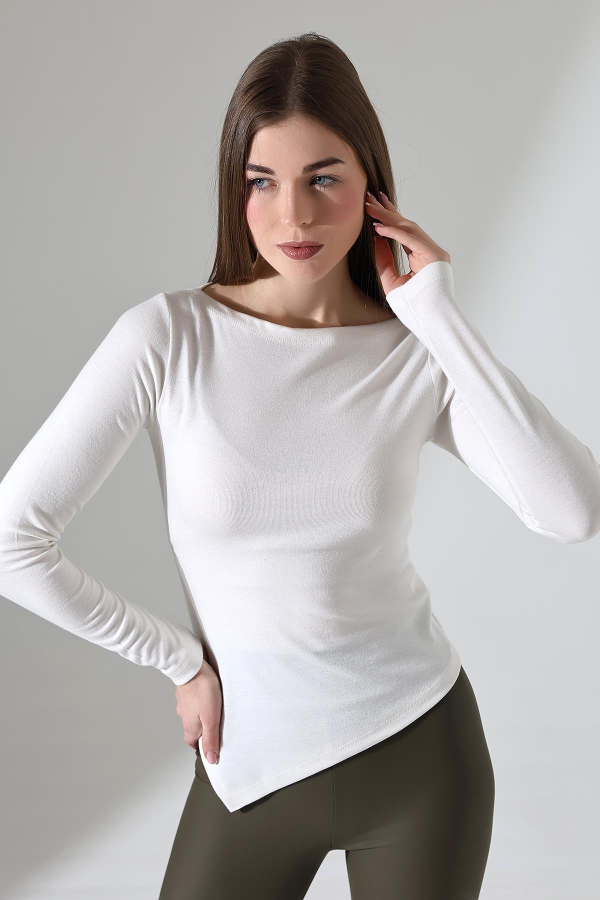 Evora Kadın Asymmetric Kayık Yaka Uzun Kollu Thermal (TERMAL) Bluz & Top - Ekru